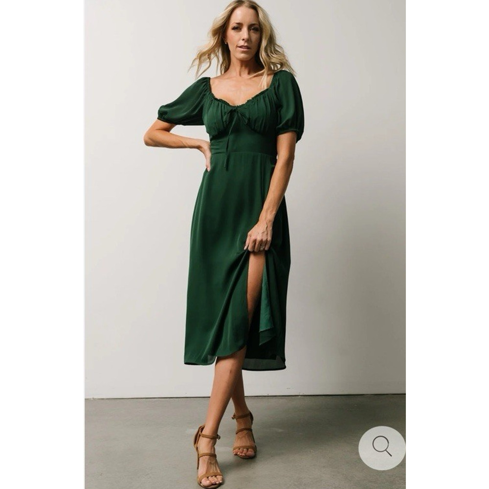 Baltic Born Emerald Green Puff Sleeve Midi Dress with Side Slit